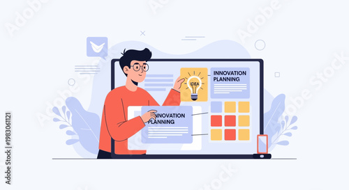 Man planning innovation on a digital screen with idea lightbulb and task board