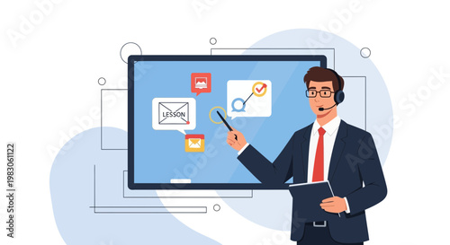 Online Teacher Presenting Lesson on Digital Whiteboard with Icons