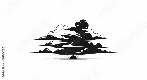 Silhouette of a sun rising through dramatic, layered clouds