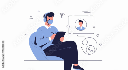 Online therapy session: man with headphones and mask talking to therapist on screen