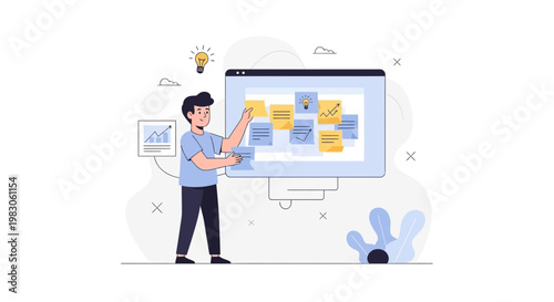 Man planning project on digital board with sticky notes, business strategy and ideas