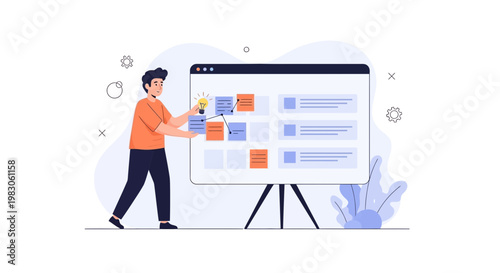 Man planning project on whiteboard with sticky notes and lightbulb idea