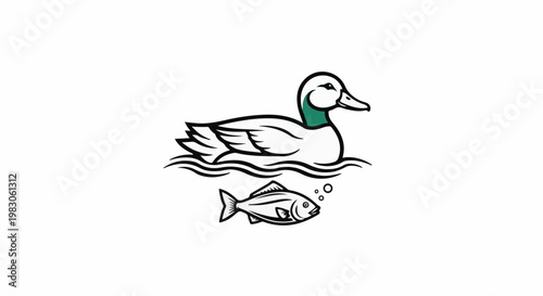 Stylized duck swims above a fish in rippling water
