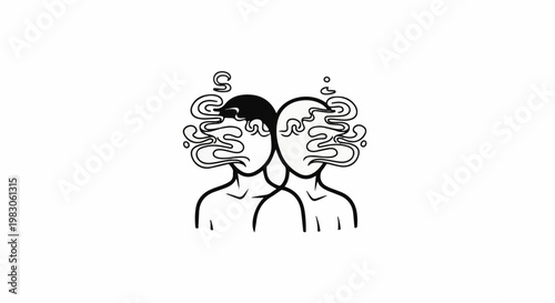 Abstract black and white illustration of two heads with swirling smoke-like lines