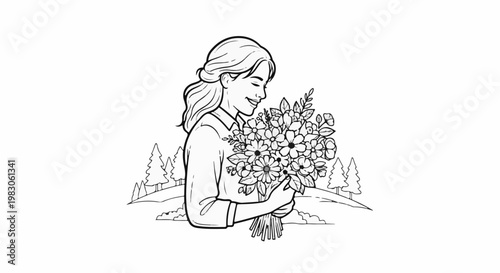 A young woman smiling while holding a large bouquet of wildflowers in a scenic natural setting