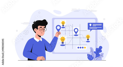 Man planning strategy with roadmap, lightbulbs and pins on board
