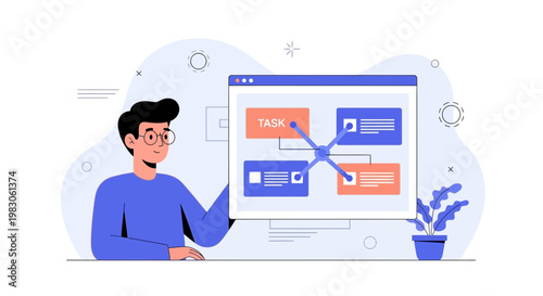 Man planning tasks on a digital board, project management, workflow, business strategy