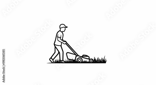Stylized line art shows person with baseball cap pushing lawn mower