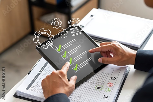 Person using tablet with checklist and gear icons representing task completion and process