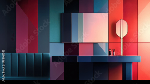 Vibrant art deco bedroom featuring tufted sofa, colorful wall panels, and stylish mirror with round lamp, creating modern aesthetic