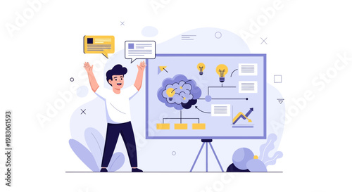 Man presenting a business strategy flowchart with ideas and growth charts on a whiteboard