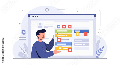 Man presenting a flowchart or project plan on a digital screen