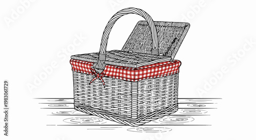 A woven picnic basket with a red and white checkered liner sits on a wooden surface