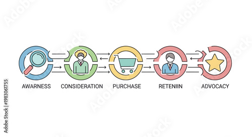 Customer journey stages: awareness, consideration, purchase, retention, advocacy.
