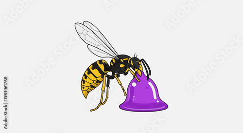 A yellow and black wasp interacts with a bright purple blob