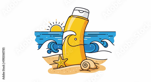A yellow bottle of sunscreen stands on a beach with waves and a sunrise