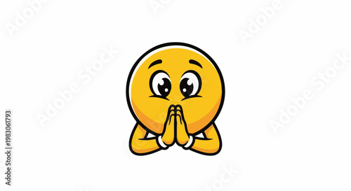 A yellow cartoon face with large eyes clasps hands in prayer