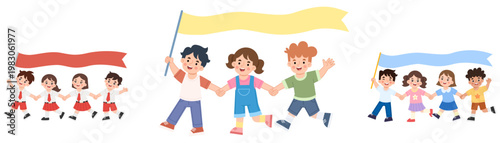 illustration set of children parading with flags
