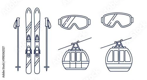Winter Sports Gear and Ski Resort Icons Collection