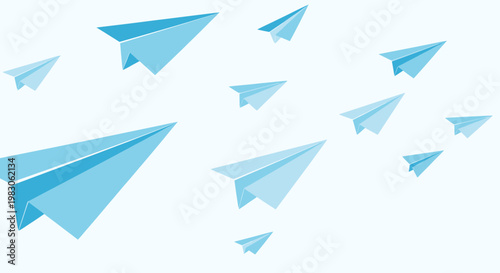 Paper airplanes flying on a light blue background for digital communication.