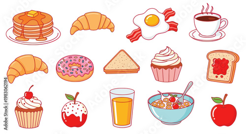 Delicious Breakfast and Sweet Treat Cartoon Icons Collection