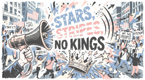 Stars, Stripes, No Kings American Democracy Protest Illustration Halftone Style Protest Scene for Civil Rights and Democratic Freedom