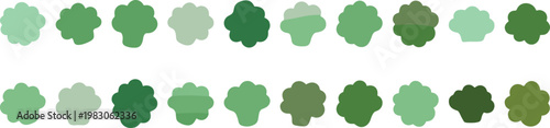 Various green broccoli icons on white background for healthy food and nutrition concepts
