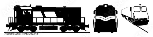 Rail freight train icon set with solid black illustration on a white background featuring freight, rail, transportation with line art and graphic design