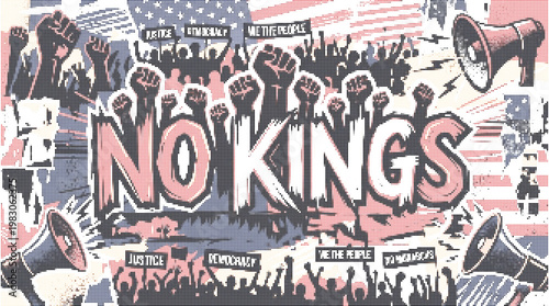 No Kings Political Protest Graphic with Raised Fists and American Flag Anti-Authoritarian Democracy Street Art with Halftone Retro Texture