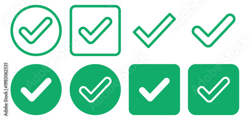 checkmark icons set, tick ok approve confirm success validation and verified symbols, ui interface button and selection vector collection on transparent background