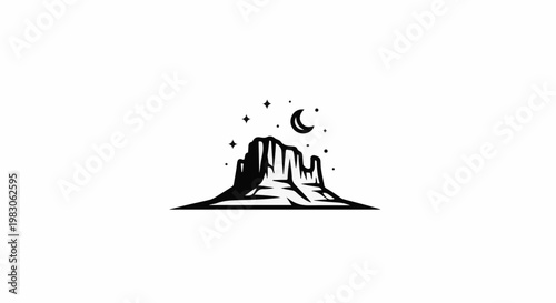 Stylized desert mesa under a crescent moon and stars