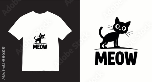 Minimalist black cat meow typography design for cat lovers apparel and merchandise.