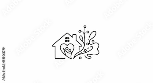 Abstract house with heart, family, and floral elements