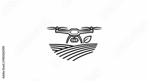 Aerial view of a drone monitoring agricultural fields with a leaf symbol