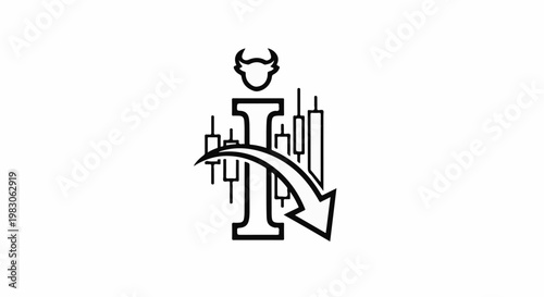 Bull head on abstract I with falling arrow and candlesticks