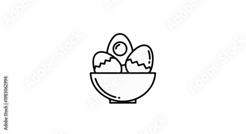 Simple line drawing of three eggs in a bowl, one cracked open