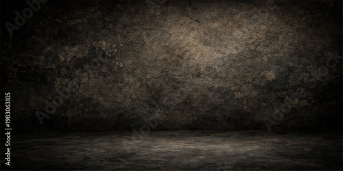 A dark, empty room features an aged concrete wall with a heavy grunge texture and a rough, black stone surface that creates a vintage, dirty backdrop
