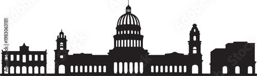 Havana skyline silhouette featuring landmarks icons in black and white graphics.