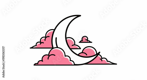 Crescent moon peeking through pink clouds