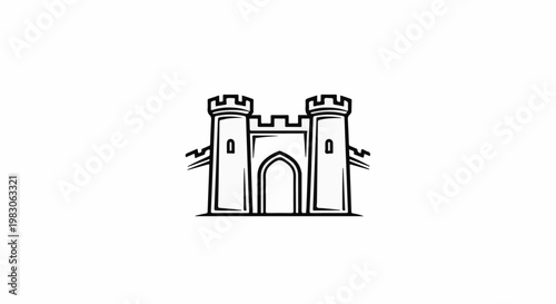 Black and white sketch of a fortified gatehouse with battlements and towers