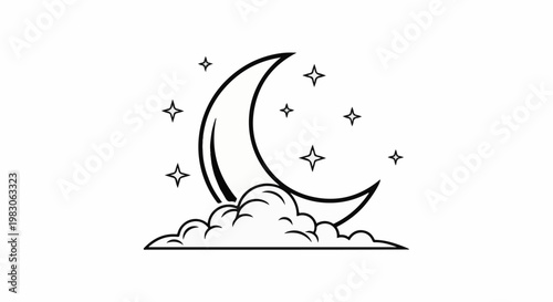 Crescent moon with stars and clouds