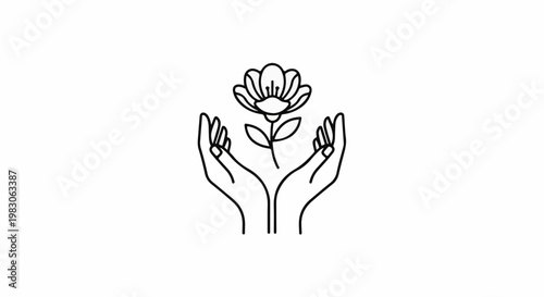 Line art of hands holding a blooming flower stem