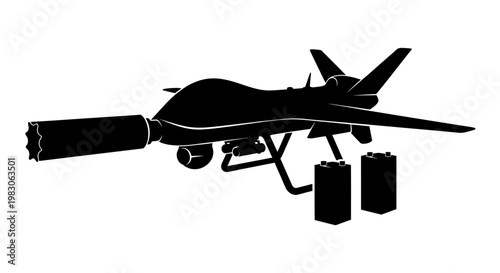 Silhouette of a military drone with missiles, ready for combat, isolated on white background