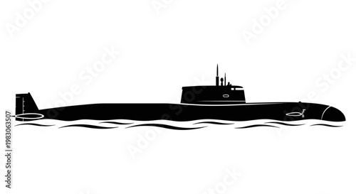 Silhouette of a modern submarine sailing on the sea surface, side view, black and white