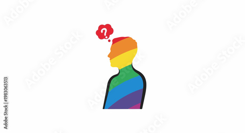 Silhouette of a person with rainbow colors and a question mark in a thought bubble