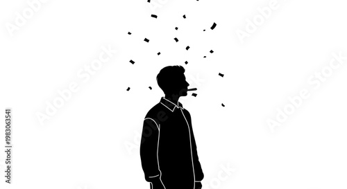 Silhouette of a person with confetti falling, celebrating success or a special moment.