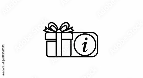 Line art of a gift box with a bow, beside an information icon