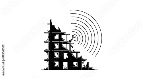 Silhouette of a ruined building with radio waves emanating from a bird