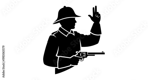 Silhouette of a person in a hat holding a revolver and gesturing with their other hand.
