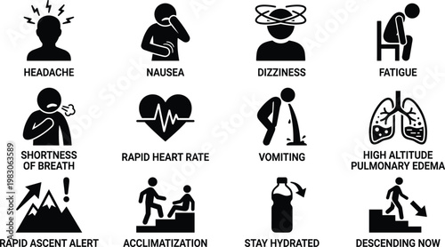 Flat design infographic showing symptoms of altitude sickness and acclimatization process, vector illustration